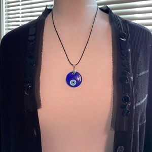 Evil Eye Turkish Glass Pendant with Black Cord Adjustable Necklace